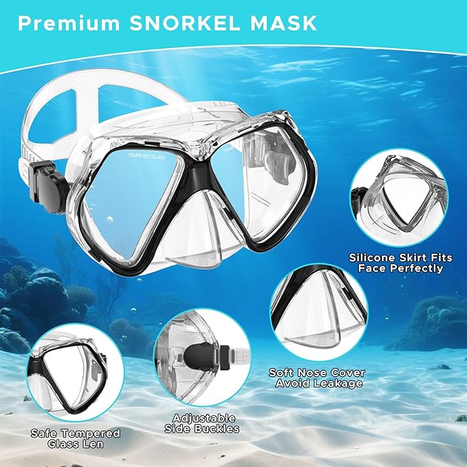 2 Pack Snorkeling Gear for Adults, Dry Snorkel, Mask Set Adult, Diving Scuba Mask, Scuba Gear, Swimming Goggles with Nose Cover, Swim Freediving Tempered Glass Panoramic View Travel Packages