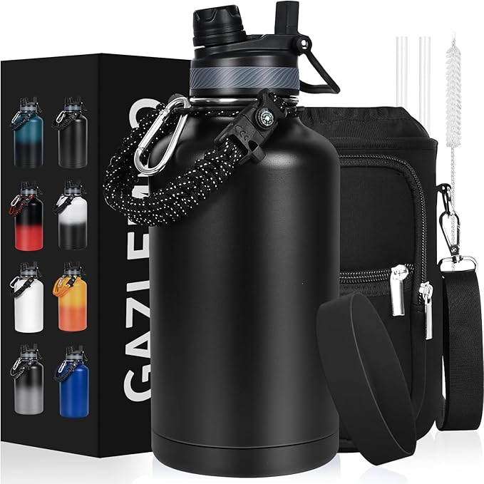 Insulated Water Bottle 64 oz, Half Gallon Water Jug Cold 48H, BPA Free Stainless Steel Bottles with Straw/Chug 2-in-1 Lid, Bag, Paracord Handle, Silicone Boot, Sports Gym School Metal Flask