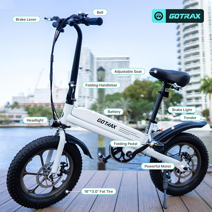 Gotrax S3 Electric Bike, 16x3.0 Fat Tire Electric Bicycle Adults, 750W Peak Motor, Max Range 25 Miles, Up to 20 Mph, Removable Battery, Adjustable Seat, Folding Electric Bike for Adults/Teens 13+