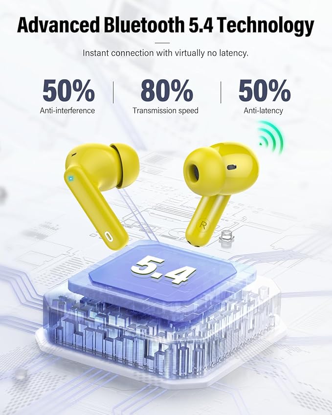 Wireless Earbuds, Bluetooth 5.4 Headphones Bass Stereo, Ear Buds with Noise Cancelling Mic, IP7 Waterproof in Ear Earphones, 36H LED Display Bluetooth Earbuds for Laptop Pad Phones Sports, Yellow
