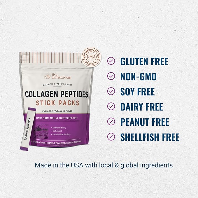 Live Conscious Collagen Peptides Powder Unflavored Packets - Hydrolyzed Collagen Powder - Hair, Skin, Nail, & Joint Support - Type I & III Grass-Fed Collagen Supplements for Women and Men - Pack of 20