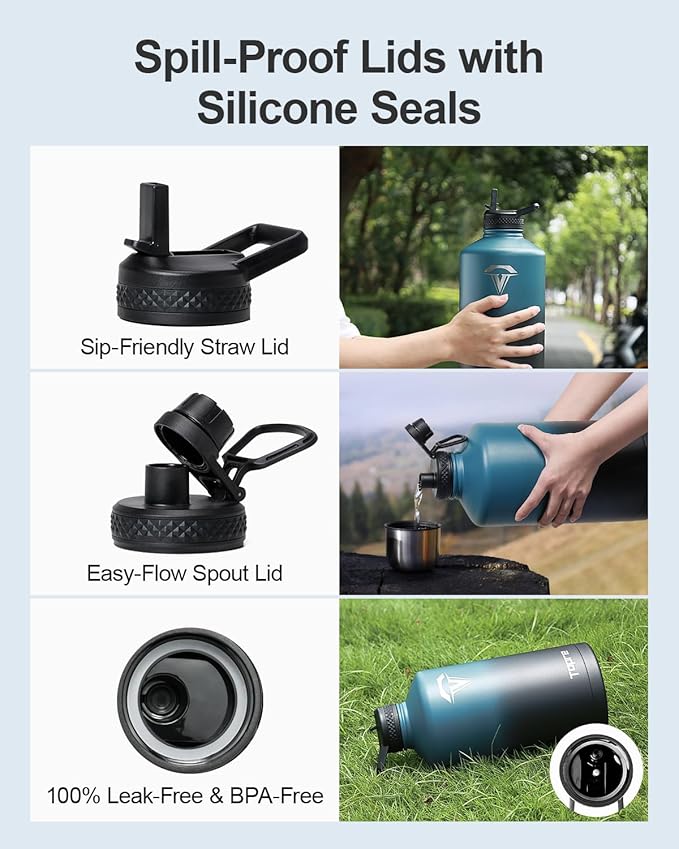 One Gallon Water Bottle,128oz Insulated Flask Stainless Steel Vacuum, Cold for 48 Hrs,BPA-Free & Leakproof -with Paracord Handle,Strap,Straw Spout Lids,Large Jug for Gym Sports,Indigo Black