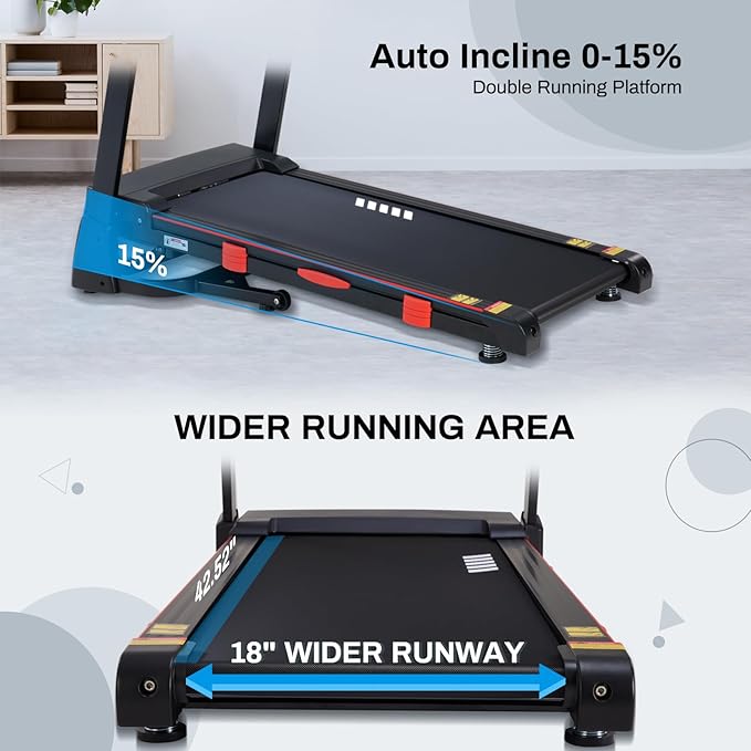 Treadmills for Home, 15% Auto Incline, 0.5-10 MPH, 18" Belt, 3 HP, 350lb Capacity, Foldable, Bluetooth App