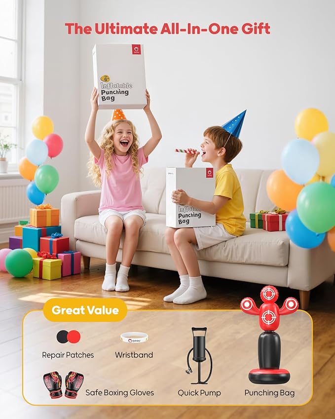 QPAU 360° Rotatable Kids Punching Bag - 64" Boxing Bag with 4 Targets & Kids Boxing Gloves, Inflatable Punching Bags with Hand Pump, Karate Taekwondo Training Gift Boys Girls