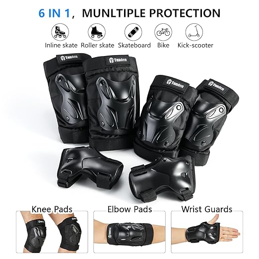 Skating Protective Gear Adult Youth Knee Pads and Elbow Pads Set, Skateboard Wrist Guards for Roller Skating Skateboarding Cycling Black