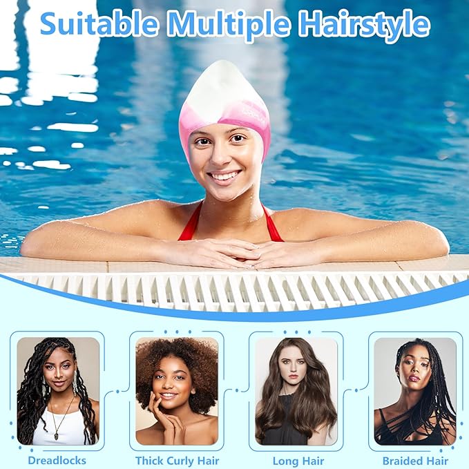 Swim Cap Long Hair,Silicone Swimming Caps with 3D Ear Cover,Waterproof Adult Swim Hats Bathing Caps for Women Men,Keep Your Hair Dry