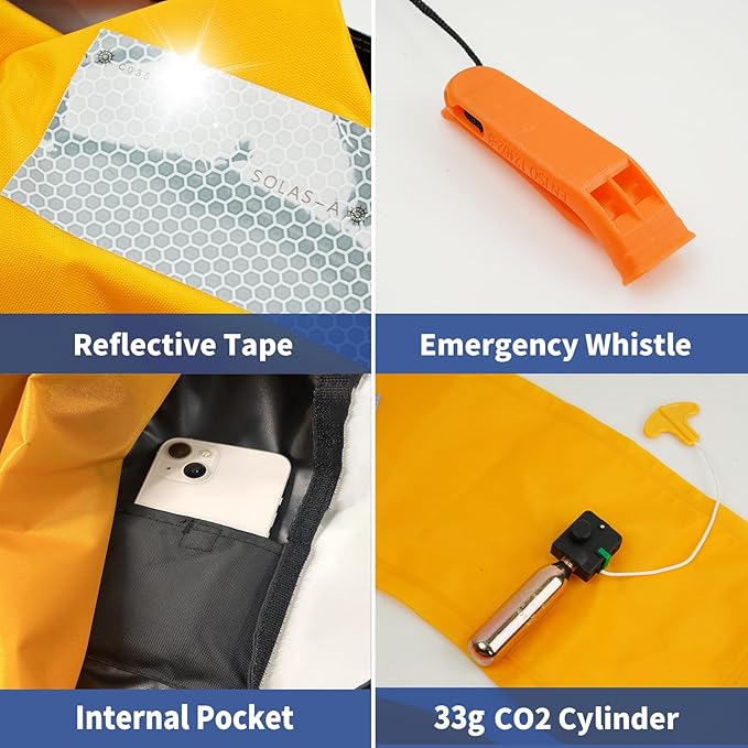 Owntop Manual Inflatable Swim Jacket, Neoprene Padded Neckline, 33g C02 Cylinder Included, Multiple Reflective Strips, Compact Design for Kayak, Fishing, Paddle Sports