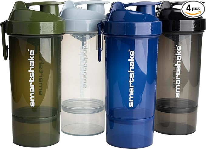 Smartshake O2GO ONE 4-Pack Protein Shaker Bottle 800 ml | 27 oz - Storage Included - Leakproof Screw-on Lid - BPA Free – Unisex - Mist Gray, Army Green, Black, Navy Blue