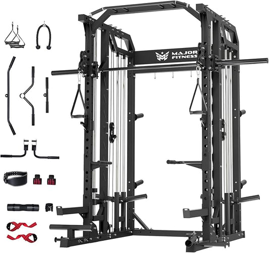 Major Fitness Drone2 Smith△ Machine – All-in-One Home Gym Squat Rack with Weight Bar, Dual LAT Pull-Down Systems & Cable Crossover Machine for Full-Body Workouts
