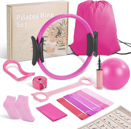 Pilates Ring Set –Home Pilates Equipment for Women Kit with a 14-inch Pilates Ring and 9.8-inch Pilates Ball,5 Resistance Bands for Beginners—Train Muscles, Flexibility & Core Strength at Home