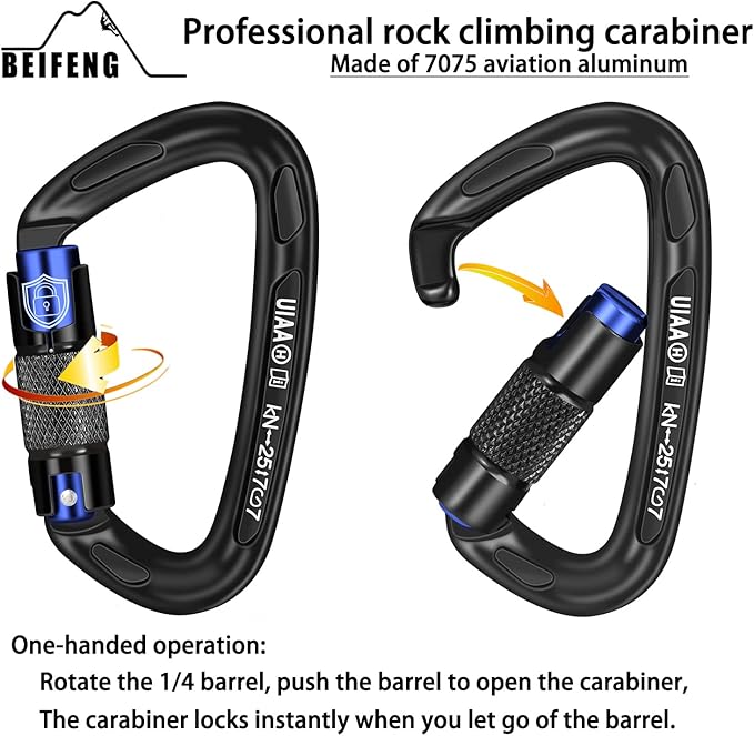 BEIFENG 25KN Auto Locking Carabiner - UIAA Certified Heavy Duty Climbing Carabiners for Rock Climbing, Camping, Rappelling, Hunting, Rescue Equipment - Professional Carabiner Clips (Black)