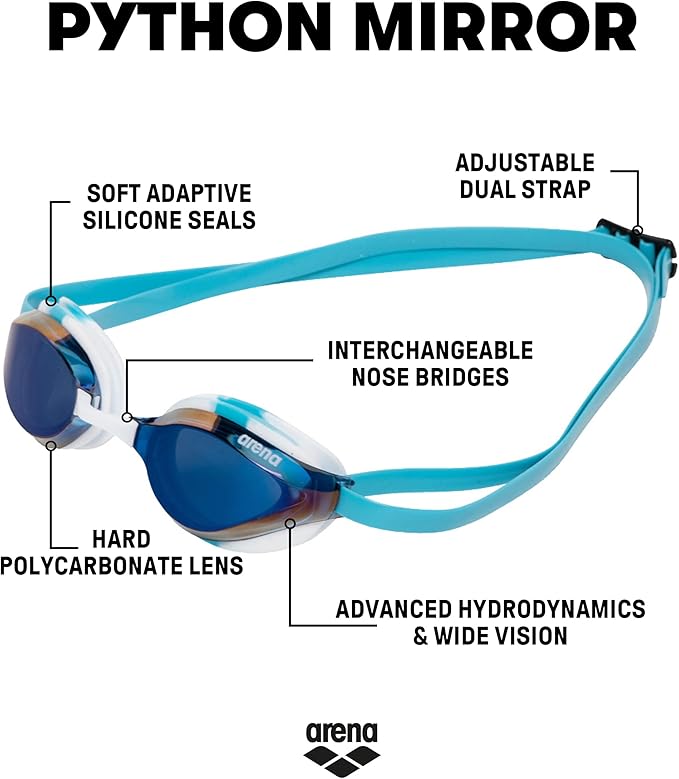 ARENA Unisex Python Racing Swim Goggles for Men and Women Anti-Fog No Leak Max Comfort Dual Strap, Mirror/Non-Mirror Lens