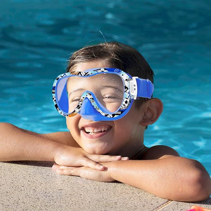 Kids Swim Goggles 180° Snorkel Diving Mask with Nose Cover, Anti-Fog Kids Swimming Goggles with Elastic Fabric Strap for Kids Boys Girls
