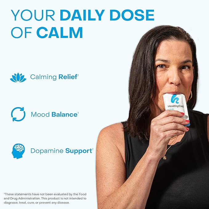 Healthycell Calm Mood Daily Liquid Supplement - Cortisol Manager & Mood Support Supplement for Stress with Ashwagandha, L-Theanine, Magnesium, 5-HTP, GABA & Saffron - 30 Gel Packs