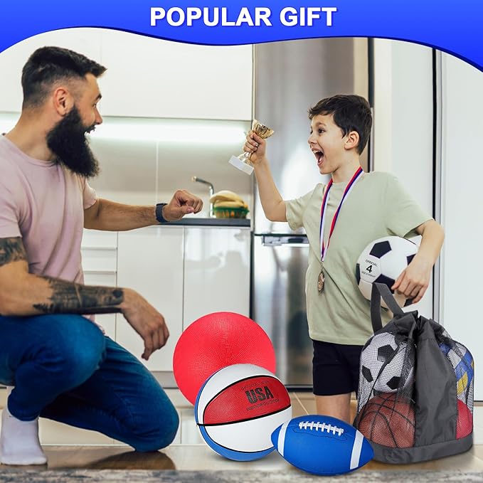 Deekin 4 Pcs Sport Balls Set for Kids Teens, Include Official Size 5 Basketball 4 Soccer 6 Football Playground Ball and Pump Sports Equipment Bag Recess Equipment Sport for Students(Bright Color)