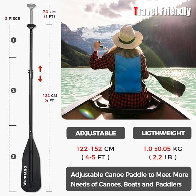 Canoe Paddle Aluminum Shaft with PP Blade, Floating Adjustable Paddle for Canoeing, Boating and Rafting, 122-152 cm/4-5 Ft