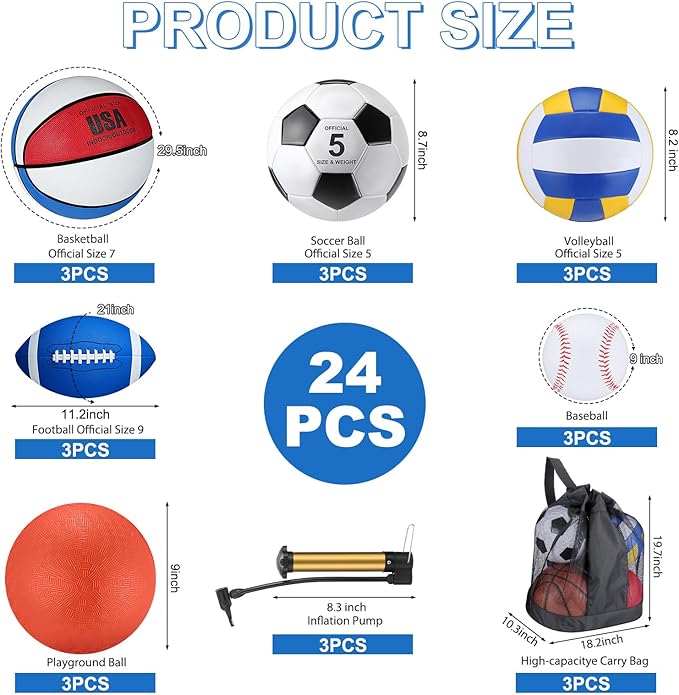 Leyndo 18 Pcs Sport Balls Bulk Set Basketball Football Volleyball Soccer Playground Baseball with Sport Equipment Bag Pump for Youth Adults Outdoor Indoor Practice Gift Back to School