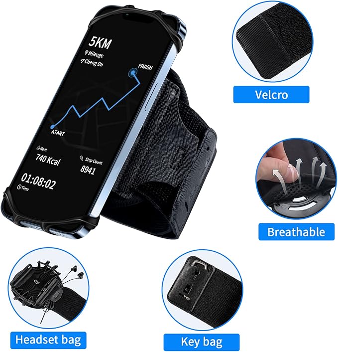 Running Phone Holder Armband for Phone, Detachable & 360°Rotated Sports Armband with Key Pocket for iPhone 16/15/14/13 Pro/12 Pro/XS/XR/8/7/6s Plus, for Samsung Galaxy 4''-6.5'' Cellphone
