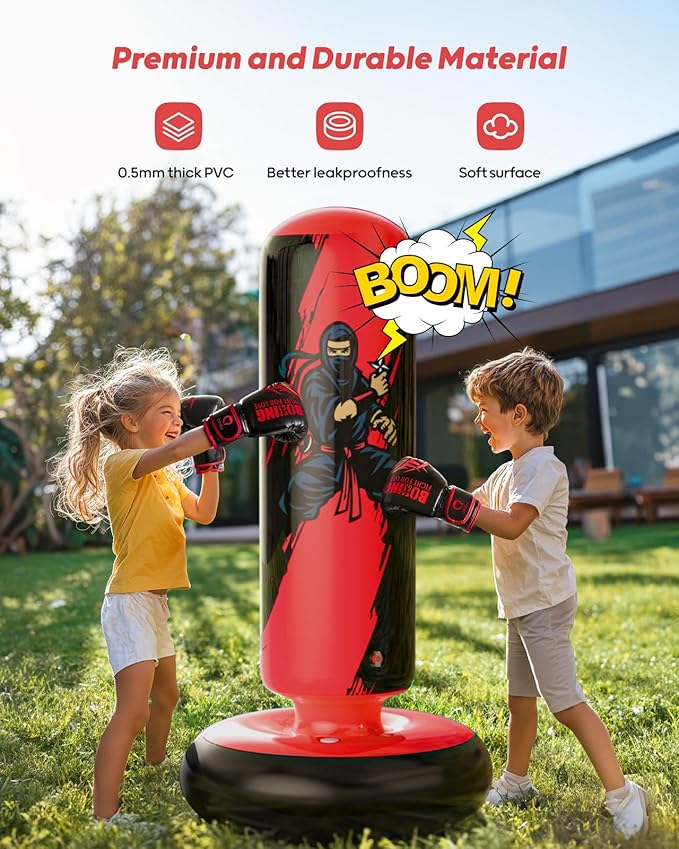 QPAU Punching Bag for Kids, 66 Inch Stable Inflatable Boxing Bag with Boxing Gloves, Stand Kids Punching Bag Toy for Boys & Girls Age 6-12, Boxing Set for Practicing Karate, Taekwondo, MMA