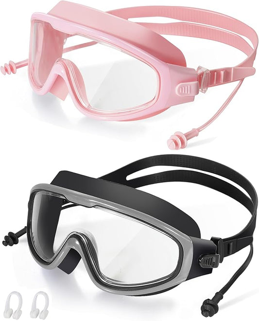 Adult Swimming Goggles,Leak-Proof,Anti-Fog Pool Glasses,Wide View Swim Goggles with Ear Plugs and Nose Clip