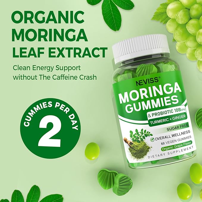 Sugar Free Moringa Gummies for Women Men with Probiotic Turmeric Ginger Ceylon Cinnamon, Chewable Organic Pure Moringa Leaf Supplement for Adults | Gut & Immune Support, Vegan, Grape Flavor, 120Cts