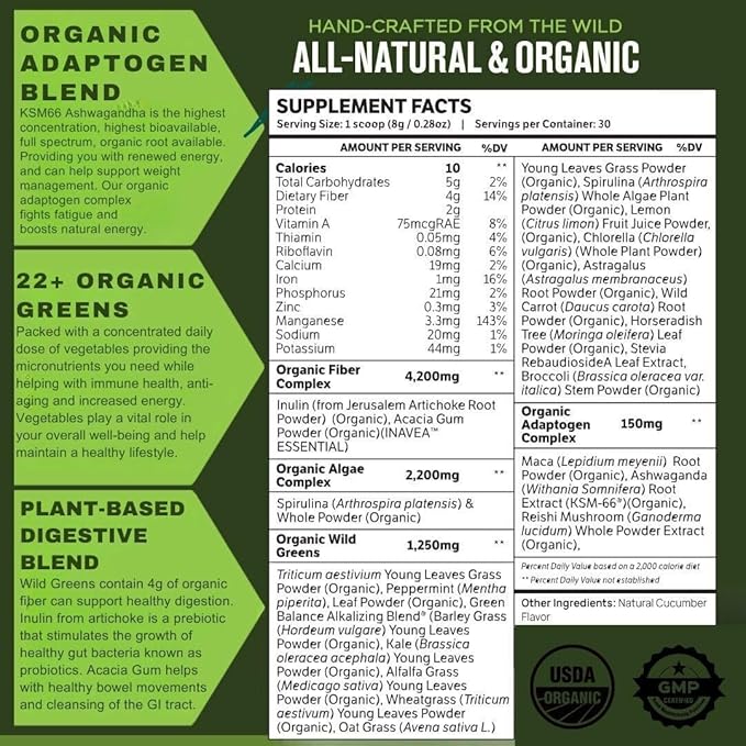 TruWild Greens Superfood Cucumber Powder, with 22+ Greens & Anti-Oxidants, Delicious Green Juice Powder, Natural Immune, Stress, Digestion Support, 30 Servings Per Tub (Cucumber Mint)