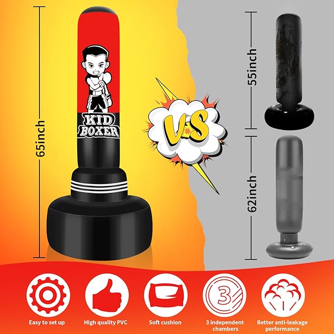 Punching Bag for Kids Set 65" Large Three-Tier Design Stable, Inflatable Boxing Bag Set Toy with Boxing Gloves and Electric Air Pump, Kid Standing Bag for Boys Girls Age 3-15 Training Karate..