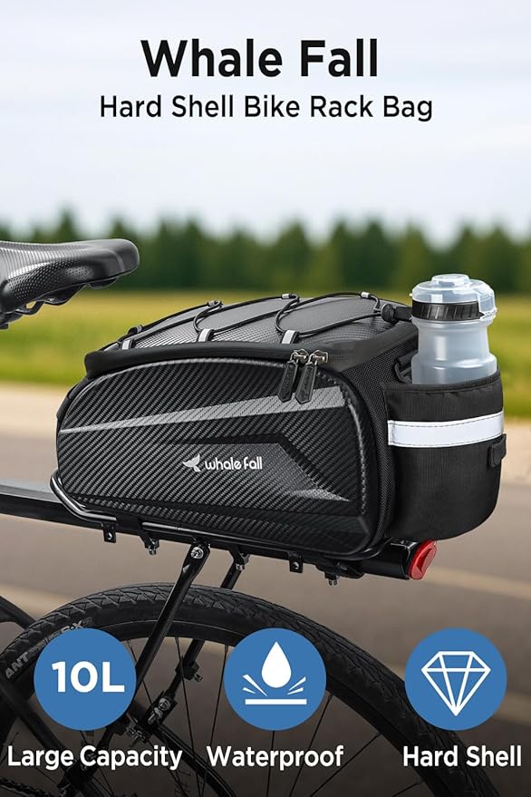 whale fall 10L Bike Rack Bag – Hard-Shell Waterproof Rear Trunk Pannier with Rain Cover, 4-Side Reflective Panels, Bike Accessories for Commuter, Road, Mountain, E-Bike