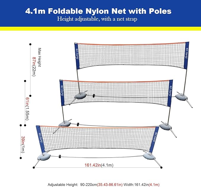 Portable Height Adjustable Badminton Volleyball Tennis Net Set Multi-Purpose Sports Equipment with Poles Stand and Carry Bag for Kids Adult Outdoor Exercise