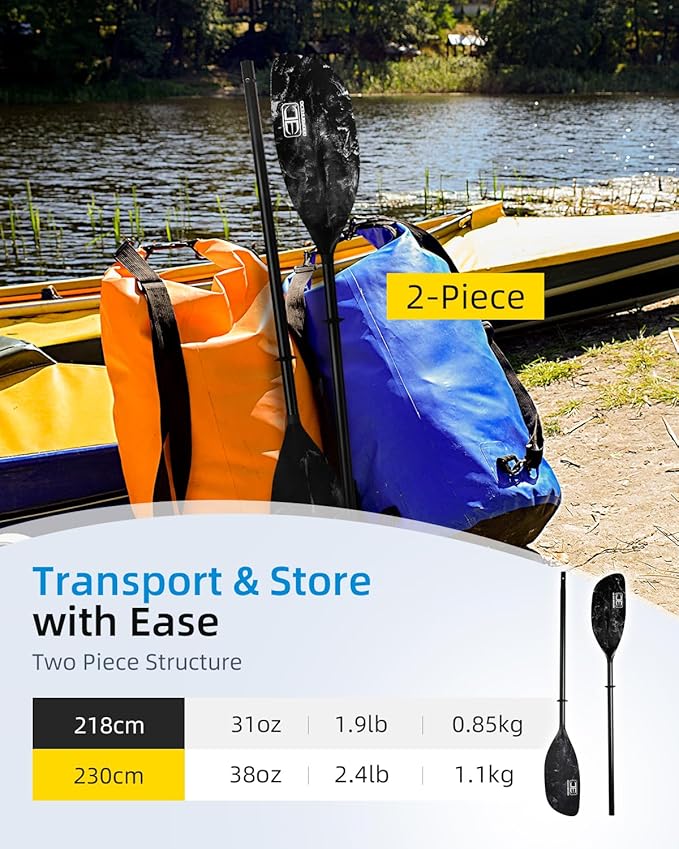 OCEANBROAD Kayak Paddle 86in/218cm, 90.5in/230cm Alloy Shaft 2-Piece Floatable Kayak Oar for Kayaking Canoeing Boating