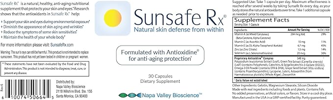 Sunsafe Rx Anti Aging Supplement: Natural Skin Protection Pills with Antioxidants for a Youthful Appearance & Eye Health + Vitamins, Minerals, & 250mg Polypodium Leucotomos (30 Capsules)