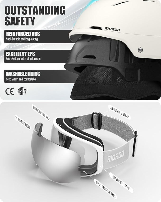 Ski Helmet and Goggles Set, Snowboard Helmet Goggles for Men Women & Youth, Shockproof Snow Helmet Anti Fog OTG Snow Goggles for Skiing Snowboarding