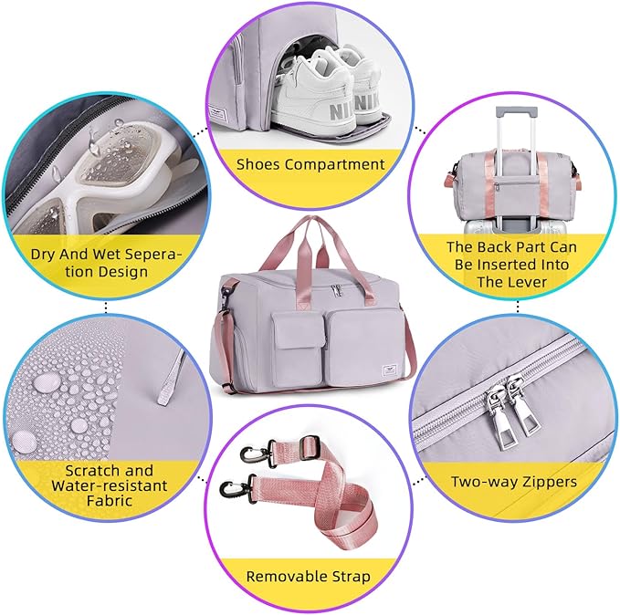 FIORETTO Women's Gym Duffle Bag with Shoes Compartment, 37L Capacity, Ideal for Travel, Gym, Sports, Duffel, Weekender