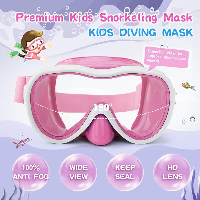 Kids Swim Goggles 180° Snorkel Diving Mask with Nose Cover, Anti-Fog Kids Swimming Goggles with Elastic Fabric Strap for Kids Boys Girls