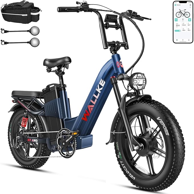 W Wallke H7 AWD Dual Motor Electric Bike for Adult, 48V 60Ah/40Ah Removable Battery, Long Range 32-34MPH Fast Ebike, 20" Fat Tire Mountain Offroad All Terrain Full Suspension E-Bicycle, UL2849 List