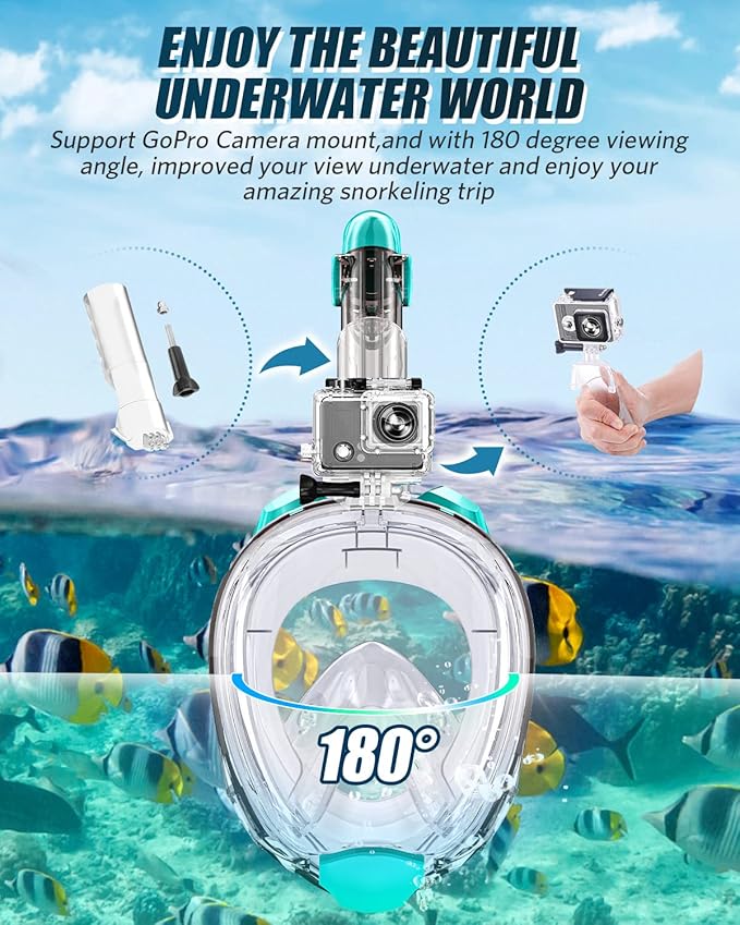 QingSong Full Face Snorkel Mask for Adults, Snorkeling Gear with Camera Mount, 180 Degree Panoramic View Snorkel Set Anti-Fog Anti-Leak