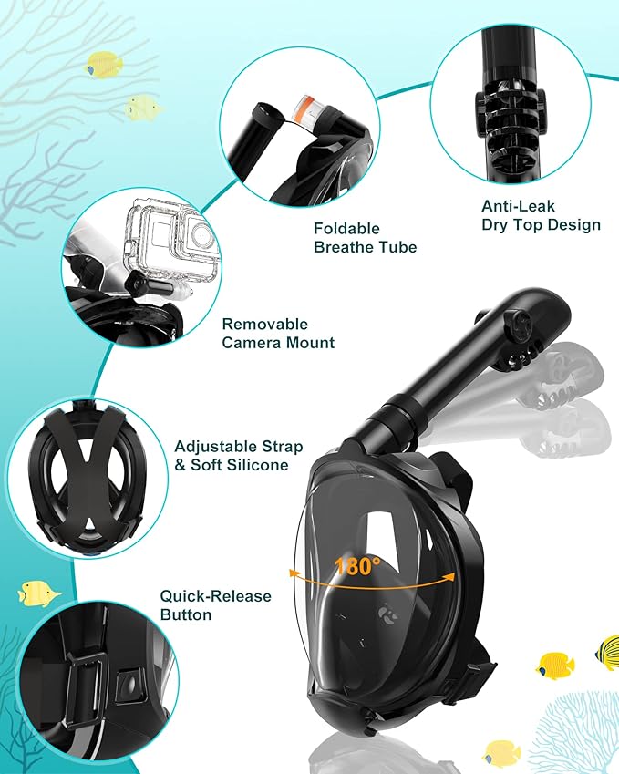 Mask Fins Snorkeling Gear for Adults, Full Face Snorkel Mask & Adjustable Swim Fins Snorkel Set, Panoramic View Snorkel Mask Dry Top Anti-Fog Anti-Leak