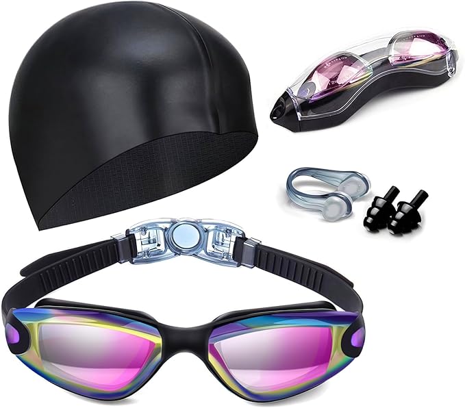 Swim Goggles Swimming Goggles No Leaking with Nose Clip, Earplugs, Swim Cap and Case for Men Women