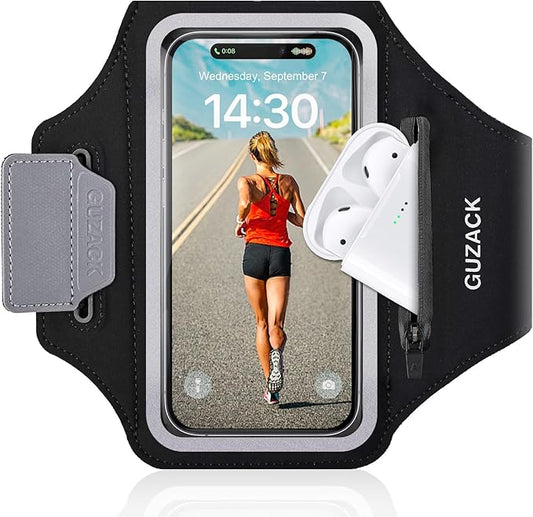 GUZACK Running Phone Holder with Zipper Pouch, Running Armband for iPhone 16 Pro/15/14/13/12/11 Pro Max/Plus/XR/XS, Galaxy S25/S24/S23/S22, Cell Phone Arm Holder with Card Slot - Size S