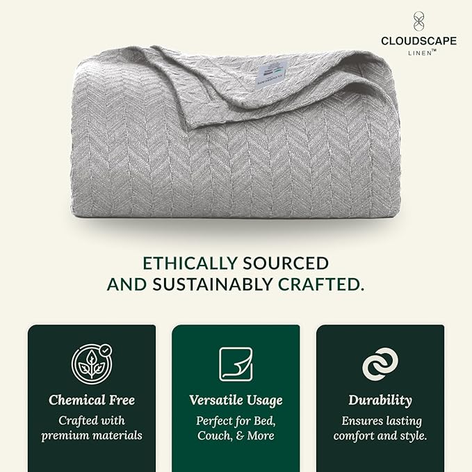 Cloud Scape Linen 100% Cotton Blanket King Size for Bed – Lightweight Summer Blanket, Herringbone Weave,fits California King Size Bed, 92x108,Light Grey
