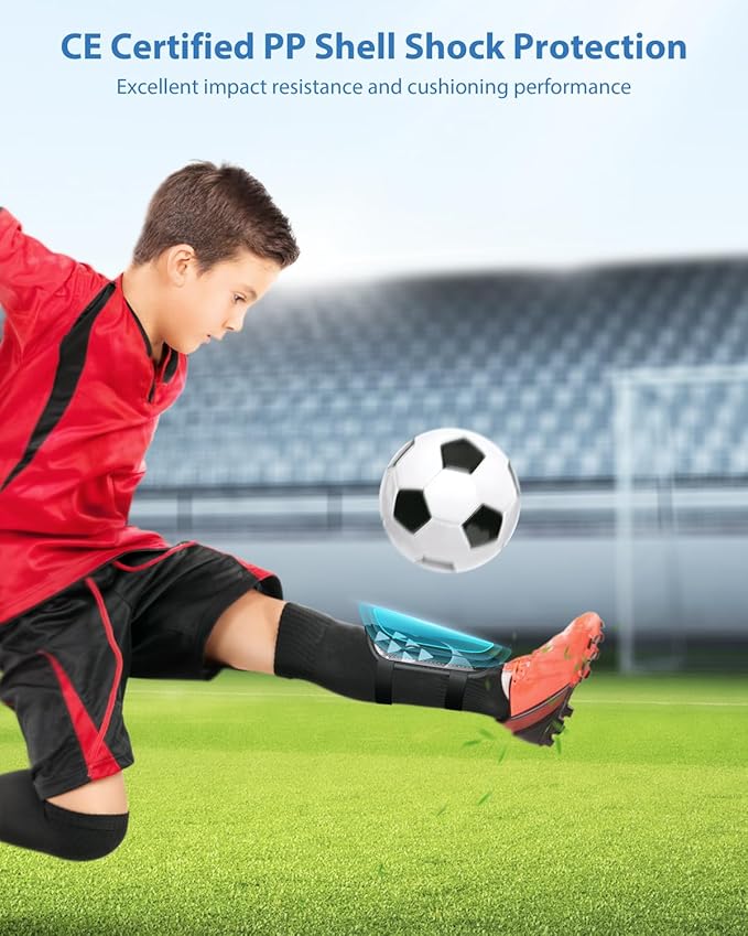Shin Guards Soccer Kids Youth, CE Certified Airsfish Shin Guard Protection Gear for 2-18 Years Old Boys Girls Teenagers High Impact Resistant Breathable Comfortable 1 Pair 4 Sizes