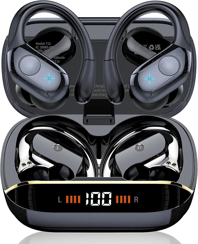 Wireless Earbuds Bluetooth 5.4 Headphones Sports, 75H Stereo Deep Bass Over Ear Buds with Earhooks, Bluetooth Earbuds with 4 ENC Mic, LED Display, IP7 Waterproof Earphone for Running, Black