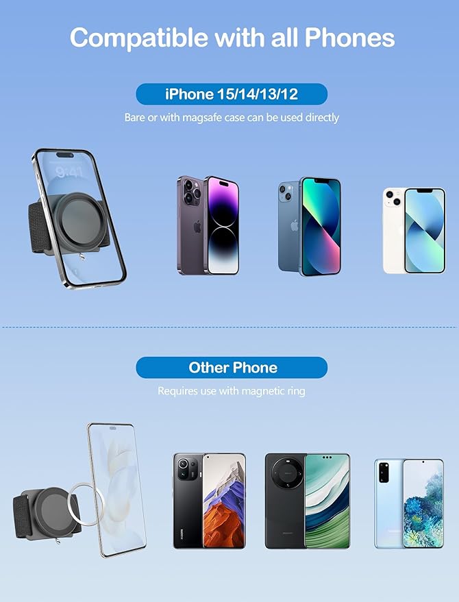 TOPGO [2 Generation Upgrad] Running Phone Holder for iPhone [360° Rotatable & Built-in Retractable Rope] Magnetic Wrist Phone Holder, Magsafe Armband for iPhone 17 Pro and Android (Black, 2 Straps)