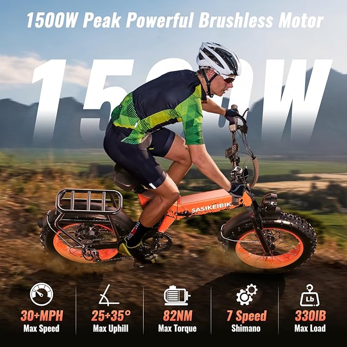 Folding Electric Bike for Adults, 20'' 1500W Peak Fat Tire Ebike, Up to 70 Miles 30+MPH Electric Mountain Bike with 52V 20AH Removable Battery, Dual Suspension, 7-Speed,UL Certified