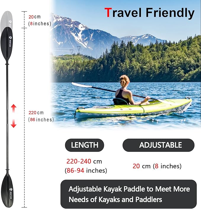 Adjustable Kayak Paddle with Carbon Shaft and PP Blade Available in 220-230/220-240/230-250cm Floating Lightweight Kayak Oars with Original Pattern