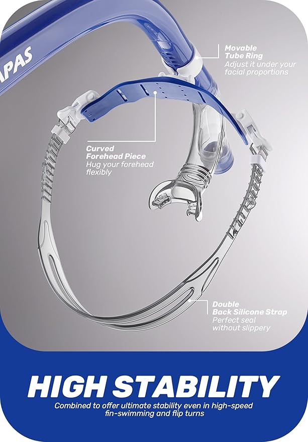 CAPAS Training Swim Snorkel for Lap Swimming, Swivel Headband Ultimate Fit Center-Mount Swimmers Snorkel with Liquid Silicone Mouthpiece Adjustable Strap, Designed for Adult Men Women