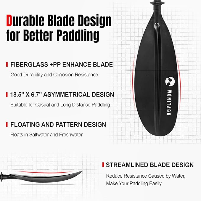 Kayak Paddle Premium Carbon Fiber Paddle with Reinforced PP + Fiberglass Blade, Floating Adjustable Kayaking Oars, 3 Piece, 220-240 cm/86-94 Inches, 240-260 cm/94-102 Inches