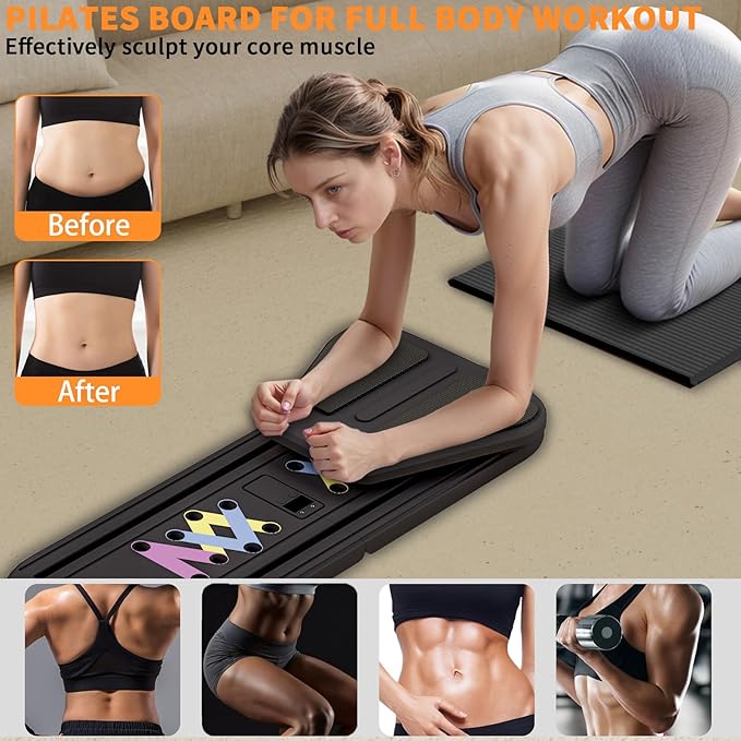 Pilates Reformer Board, 6 in 1 Portable & Foldable Pilates Reformer Set with Resistance Bands, Pilates Board for Home Workout, Multifunctional Abdominal Board