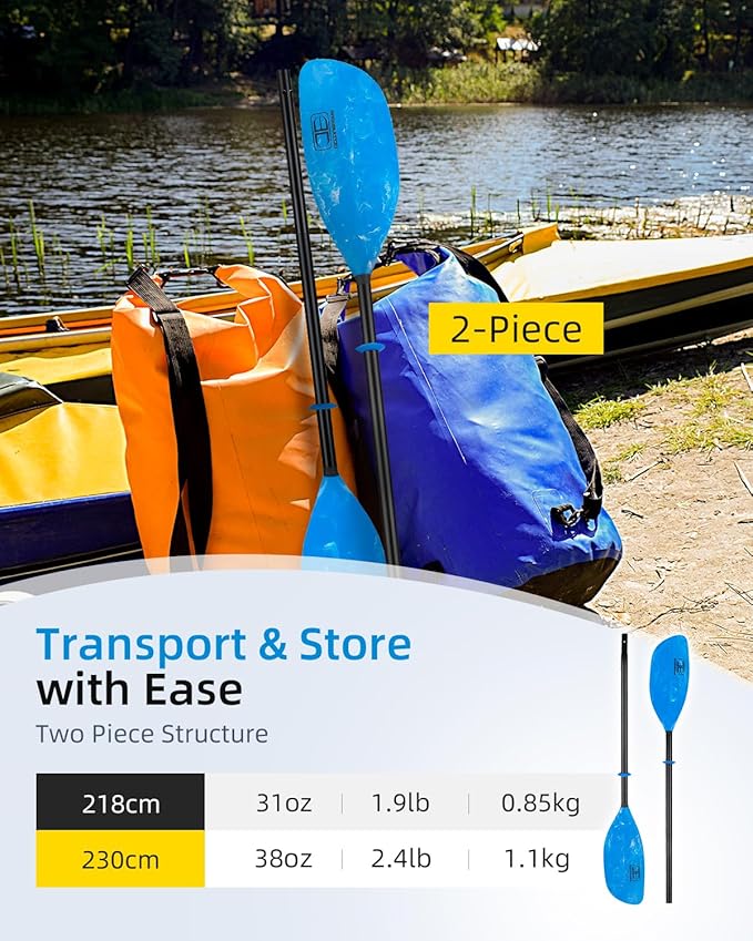 OCEANBROAD Kayak Paddle 86in/218cm, 90.5in/230cm Alloy Shaft 2-Piece Floatable Kayak Oar for Kayaking Canoeing Boating