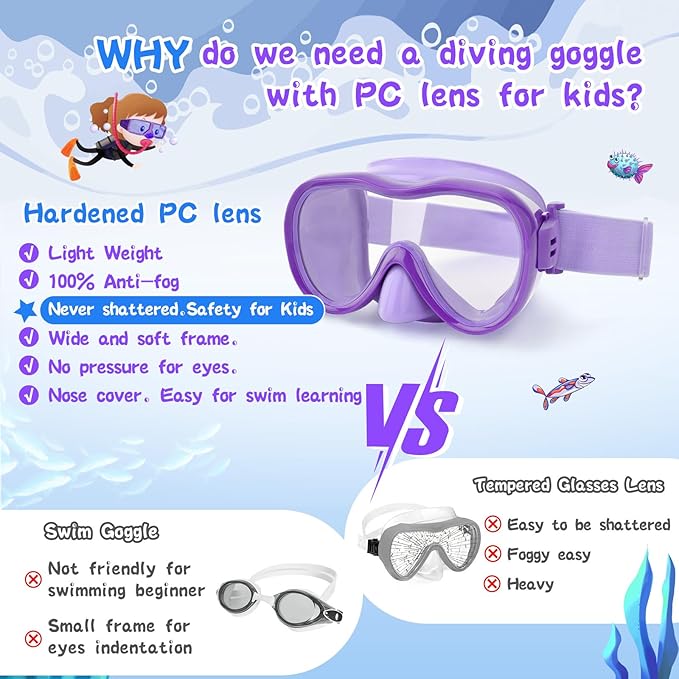 Kids Swim Goggles 180° Snorkel Diving Mask with Nose Cover, Anti-Fog Kids Swimming Goggles with Elastic Fabric Strap for Kids Boys Girls